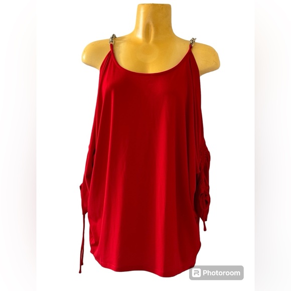 **Michael Kors** Red Top with Silver Chain Accent Split Sleeve Casual or Dressy - Picture 1 of 5